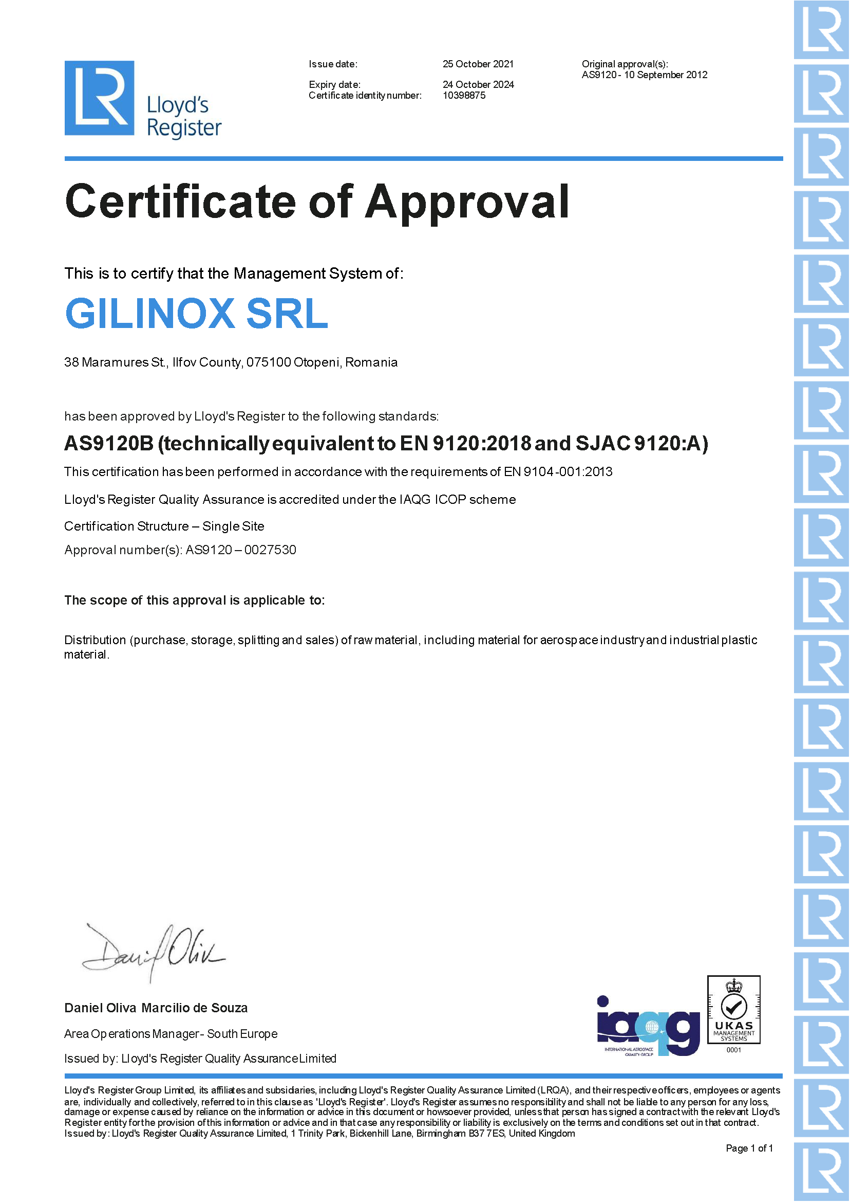 Certificat AS 9120B (echivalent din punct de vedere tehnic cu EN 9120:2018 și SJAC 9120:A)
